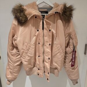 Alpha Industries Peach Bomber Jacket with Faux Fur Hood